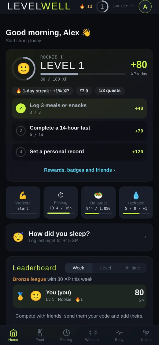 Levelwell home screen with daily quests