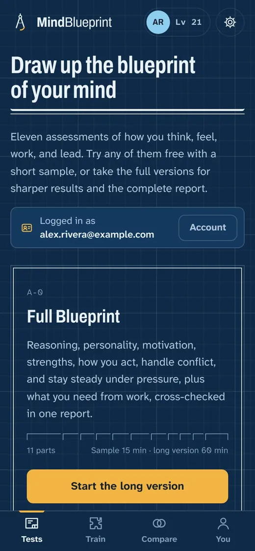 Project MindBlueprint app home screen