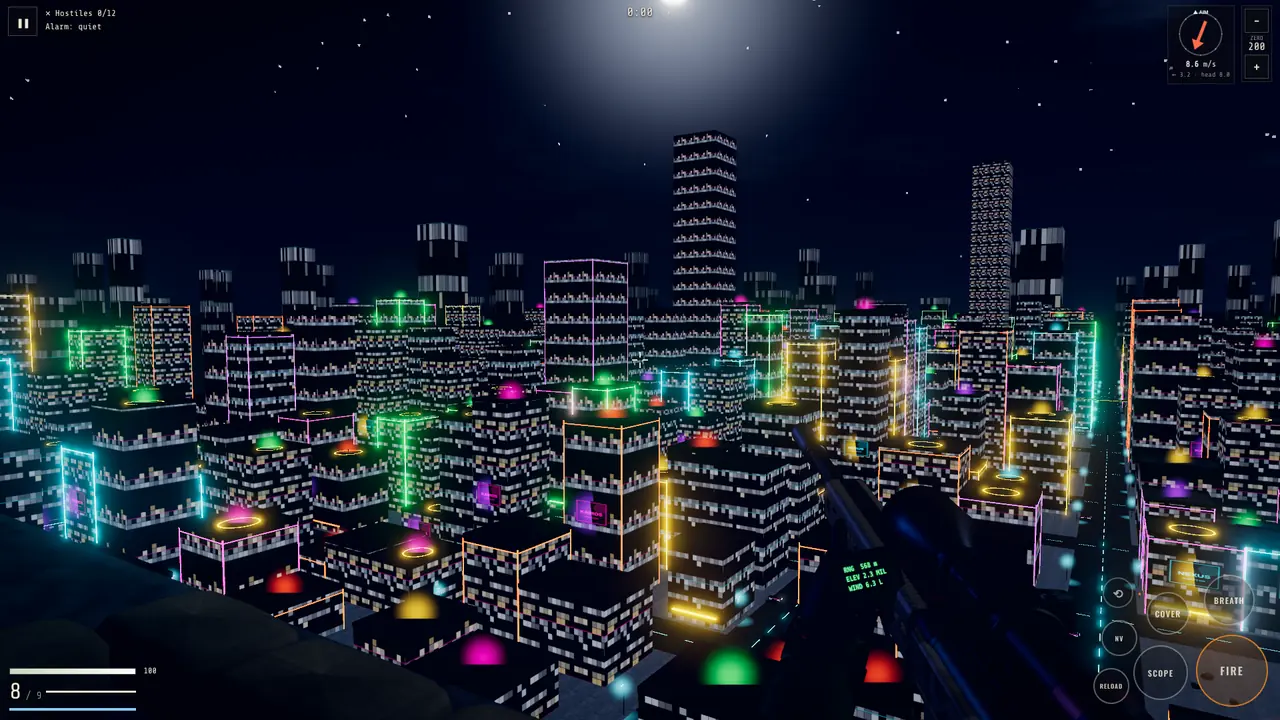 WINDREADER: neon megacity at night through a sniper rifle